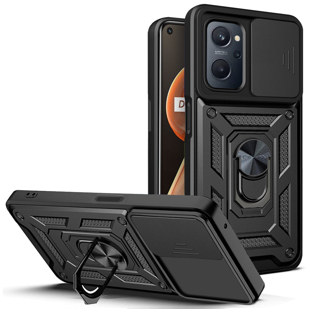 For Realme 9i/Oppo A36/A76 Slide Lens Cover PC + TPU Ring Kickstand Phone Cover with Built-in Metal Sheet