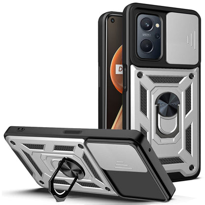 For Realme 9i/Oppo A36/A76 Slide Lens Cover PC + TPU Ring Kickstand Phone Cover with Built-in Metal Sheet
