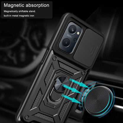 For Realme 9i/Oppo A36/A76 Slide Lens Cover PC + TPU Ring Kickstand Phone Cover with Built-in Metal Sheet