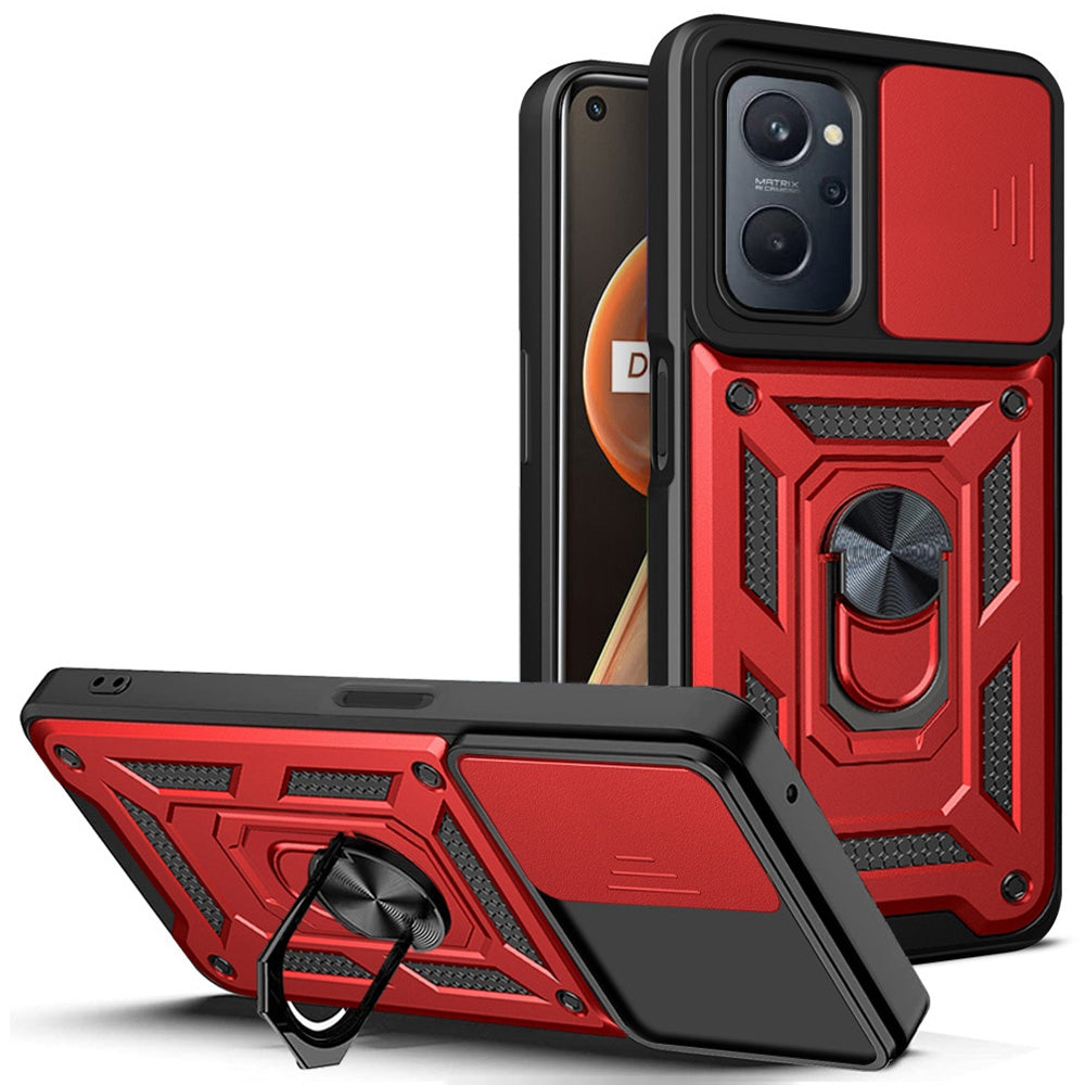 For Realme 9i/Oppo A36/A76 Slide Lens Cover PC + TPU Ring Kickstand Phone Cover with Built-in Metal Sheet