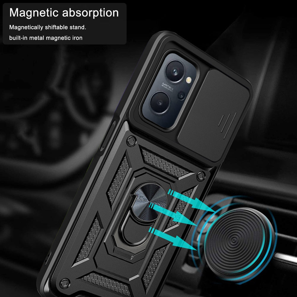 For Realme 9i/Oppo A36/A76 Slide Lens Cover PC + TPU Ring Kickstand Phone Cover with Built-in Metal Sheet
