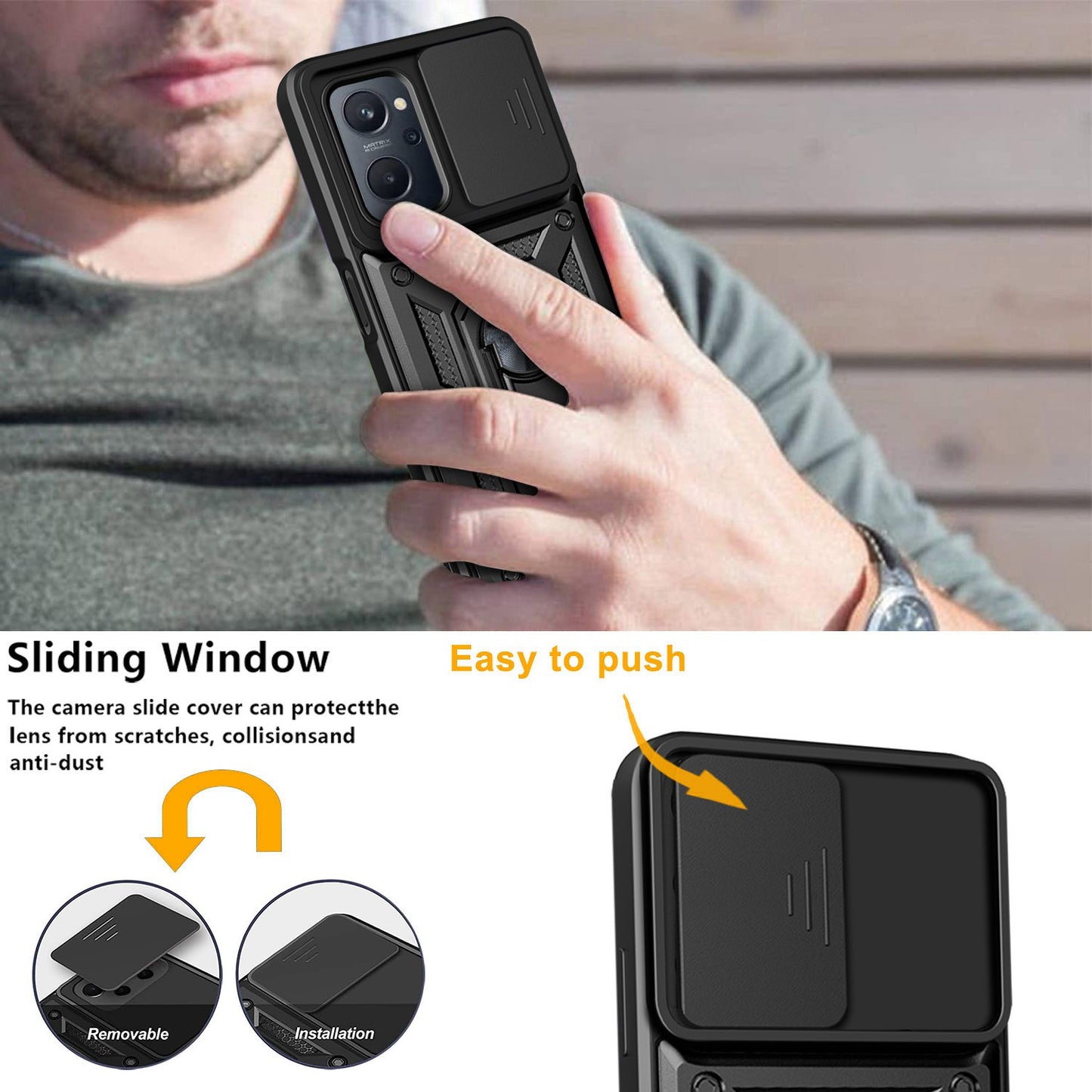 For Realme 9i/Oppo A36/A76 Slide Lens Cover PC + TPU Ring Kickstand Phone Cover with Built-in Metal Sheet