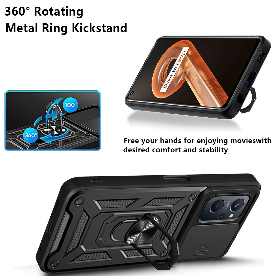 For Realme 9i/Oppo A36/A76 Slide Lens Cover PC + TPU Ring Kickstand Phone Cover with Built-in Metal Sheet