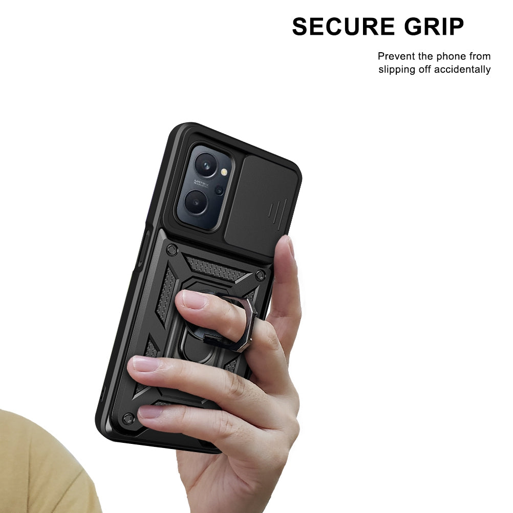 For Realme 9i/Oppo A36/A76 Slide Lens Cover PC + TPU Ring Kickstand Phone Cover with Built-in Metal Sheet