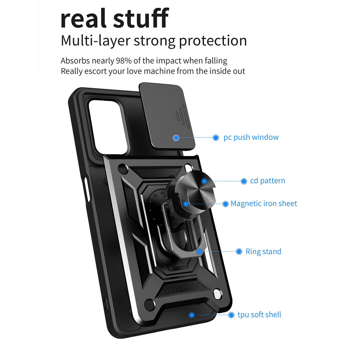 For Realme 9i/Oppo A36/A76 Slide Lens Cover PC + TPU Ring Kickstand Phone Cover with Built-in Metal Sheet