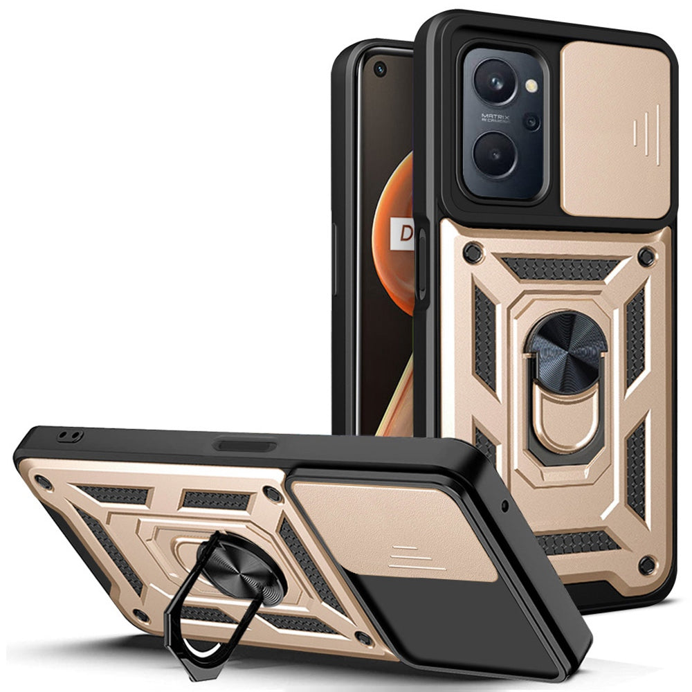 For Realme 9i/Oppo A36/A76 Slide Lens Cover PC + TPU Ring Kickstand Phone Cover with Built-in Metal Sheet
