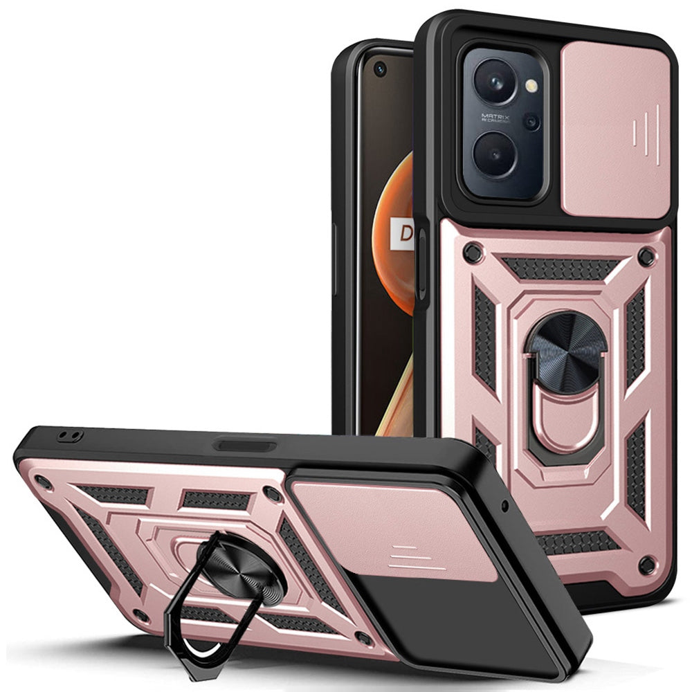 For Realme 9i/Oppo A36/A76 Slide Lens Cover PC + TPU Ring Kickstand Phone Cover with Built-in Metal Sheet