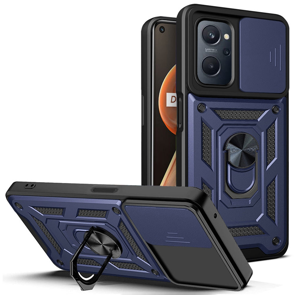 For Realme 9i/Oppo A36/A76 Slide Lens Cover PC + TPU Ring Kickstand Phone Cover with Built-in Metal Sheet