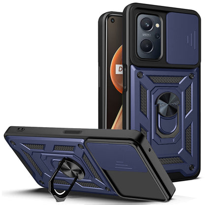 For Realme 9i/Oppo A36/A76 Slide Lens Cover PC + TPU Ring Kickstand Phone Cover with Built-in Metal Sheet