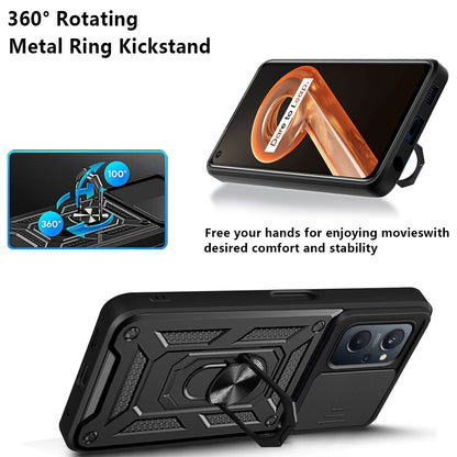 For Realme 9i/Oppo A36/A76 Slide Lens Cover PC + TPU Ring Kickstand Phone Cover with Built-in Metal Sheet