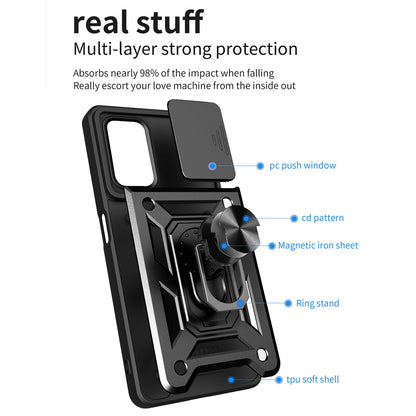 For Realme 9i/Oppo A36/A76 Slide Lens Cover PC + TPU Ring Kickstand Phone Cover with Built-in Metal Sheet