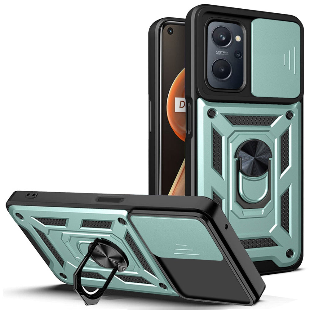 For Realme 9i/Oppo A36/A76 Slide Lens Cover PC + TPU Ring Kickstand Phone Cover with Built-in Metal Sheet