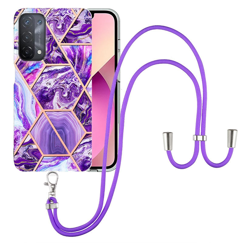 YB IMD Series-5 Slim Lightweight TPU Phone Cover for 	Oppo A74 5G/A93 5G/A54 5G/A93s 5G, Shiny Electroplating Effect IMD IML Marble Pattern Phone Flexible Case with Adjustable Lanyard