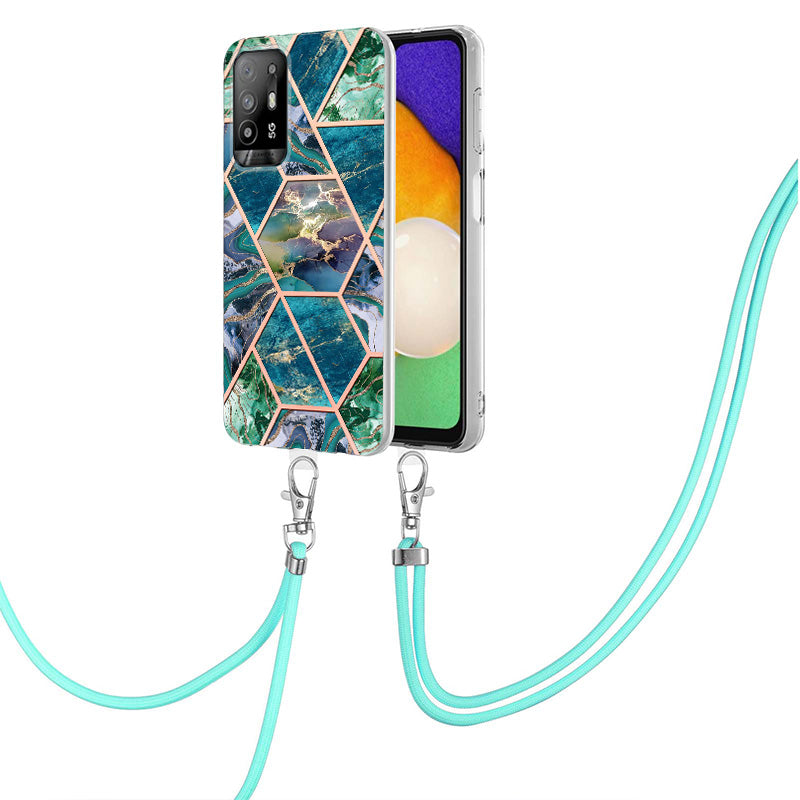 YB IMD Series-5 Slim Lightweight TPU Phone Cover for Oppo A94 5G/A95 5G, Drop Protection IMD IML Marble Pattern Metal-Like Effect Electroplating Soft Phone Case with Adjustable Lanyard