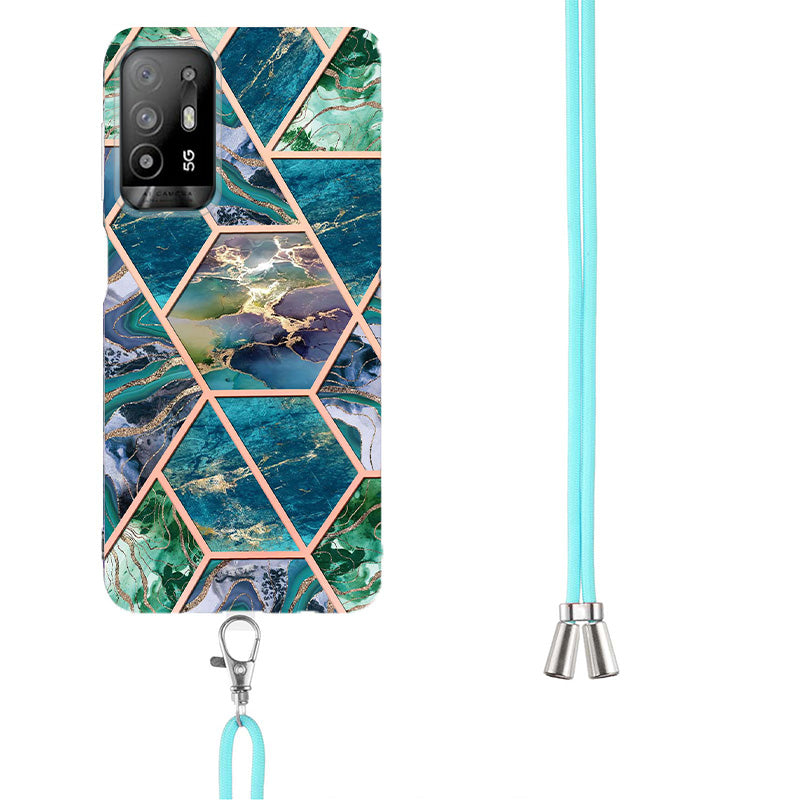 YB IMD Series-5 Slim Lightweight TPU Phone Cover for Oppo A94 5G/A95 5G, Drop Protection IMD IML Marble Pattern Metal-Like Effect Electroplating Soft Phone Case with Adjustable Lanyard