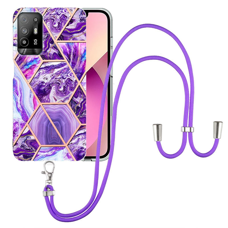 YB IMD Series-5 Slim Lightweight TPU Phone Cover for Oppo A94 5G/A95 5G, Drop Protection IMD IML Marble Pattern Metal-Like Effect Electroplating Soft Phone Case with Adjustable Lanyard
