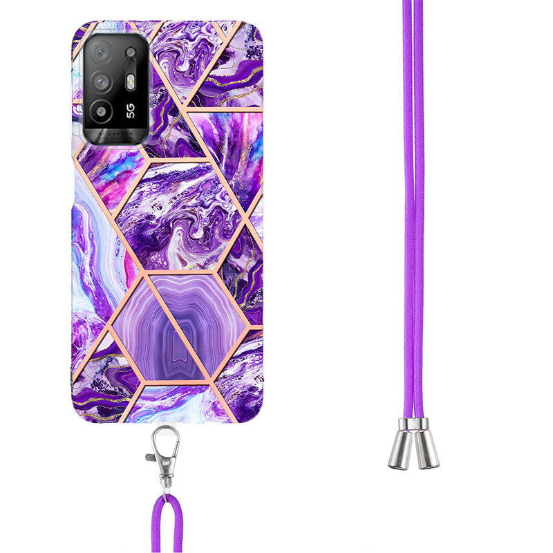YB IMD Series-5 Slim Lightweight TPU Phone Cover for Oppo A94 5G/A95 5G, Drop Protection IMD IML Marble Pattern Metal-Like Effect Electroplating Soft Phone Case with Adjustable Lanyard