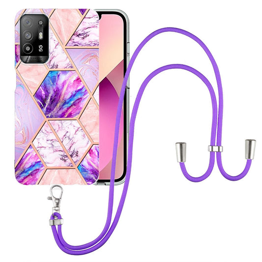 YB IMD Series-5 Slim Lightweight TPU Phone Cover for Oppo A94 5G/A95 5G, Drop Protection IMD IML Marble Pattern Metal-Like Effect Electroplating Soft Phone Case with Adjustable Lanyard