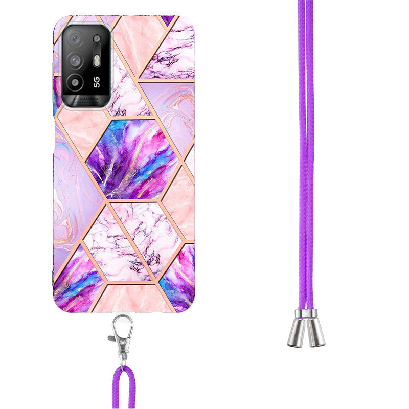 YB IMD Series-5 Slim Lightweight TPU Phone Cover for Oppo A94 5G/A95 5G, Drop Protection IMD IML Marble Pattern Metal-Like Effect Electroplating Soft Phone Case with Adjustable Lanyard
