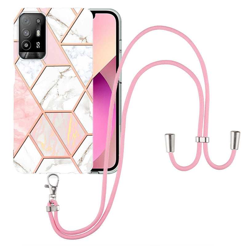 YB IMD Series-5 Slim Lightweight TPU Phone Cover for Oppo A94 5G/A95 5G, Drop Protection IMD IML Marble Pattern Metal-Like Effect Electroplating Soft Phone Case with Adjustable Lanyard