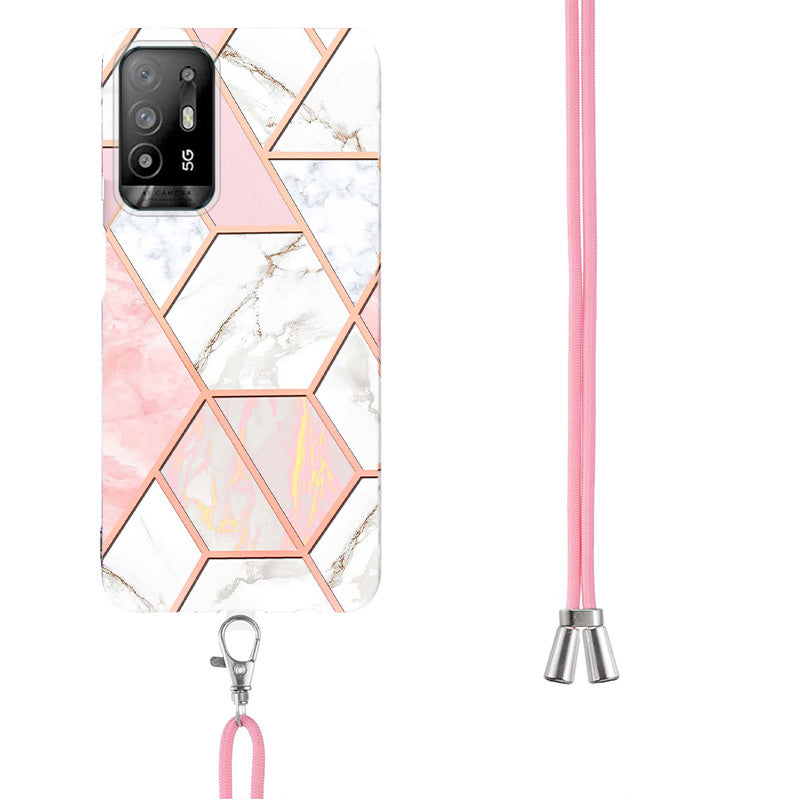 YB IMD Series-5 Slim Lightweight TPU Phone Cover for Oppo A94 5G/A95 5G, Drop Protection IMD IML Marble Pattern Metal-Like Effect Electroplating Soft Phone Case with Adjustable Lanyard