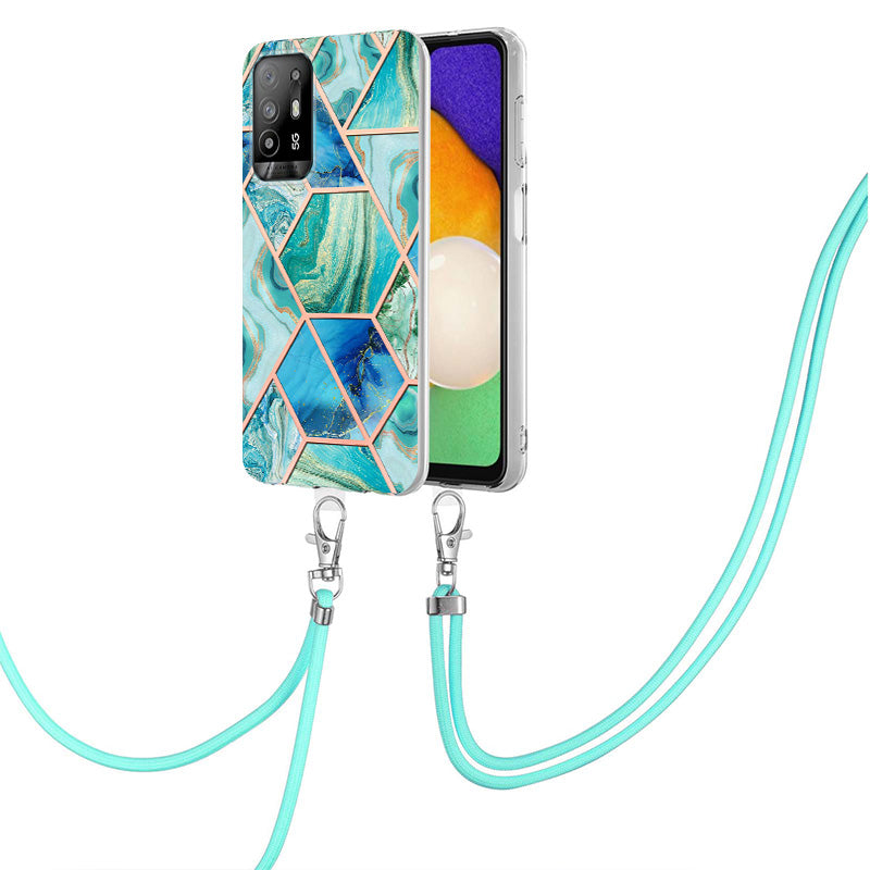YB IMD Series-5 Slim Lightweight TPU Phone Cover for Oppo A94 5G/A95 5G, Drop Protection IMD IML Marble Pattern Metal-Like Effect Electroplating Soft Phone Case with Adjustable Lanyard