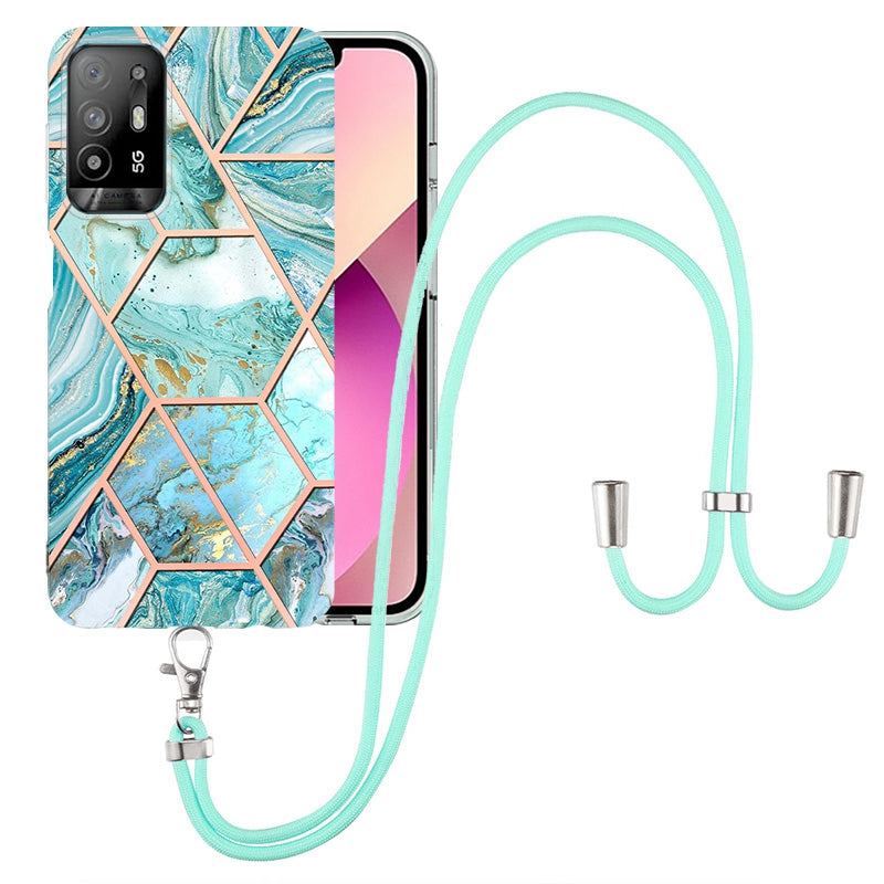 YB IMD Series-5 Slim Lightweight TPU Phone Cover for Oppo A94 5G/A95 5G, Drop Protection IMD IML Marble Pattern Metal-Like Effect Electroplating Soft Phone Case with Adjustable Lanyard