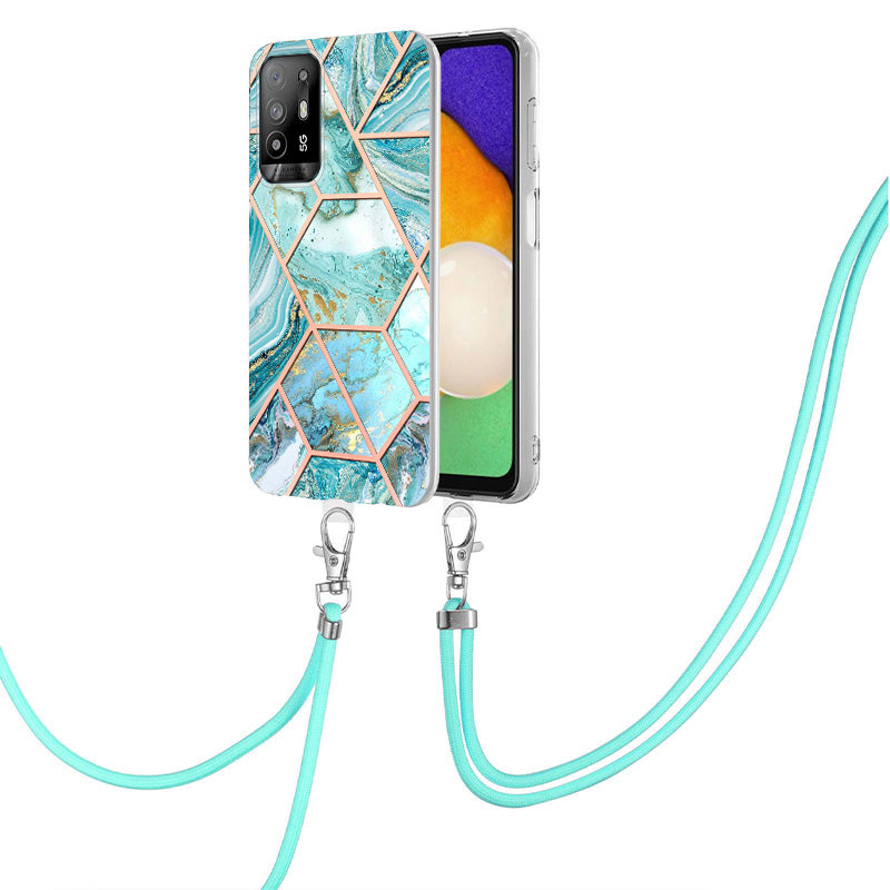 YB IMD Series-5 Slim Lightweight TPU Phone Cover for Oppo A94 5G/A95 5G, Drop Protection IMD IML Marble Pattern Metal-Like Effect Electroplating Soft Phone Case with Adjustable Lanyard