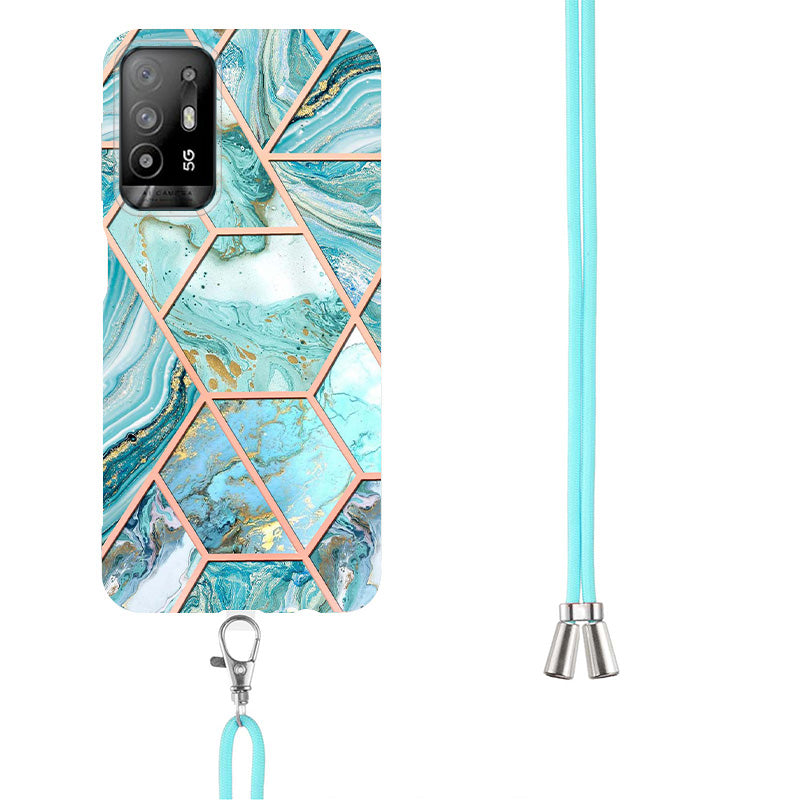 YB IMD Series-5 Slim Lightweight TPU Phone Cover for Oppo A94 5G/A95 5G, Drop Protection IMD IML Marble Pattern Metal-Like Effect Electroplating Soft Phone Case with Adjustable Lanyard