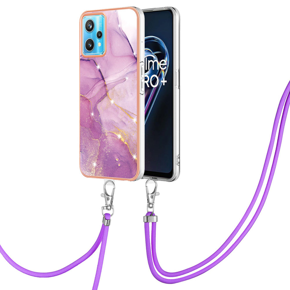 YB IMD Series-9 for Realme V25/Realme 9 Pro 5G Marble Pattern IMD Soft TPU Case Electroplating Phone Shell with Lanyard