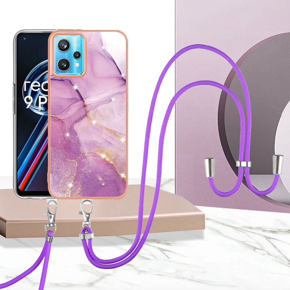 YB IMD Series-9 for Realme V25/Realme 9 Pro 5G Marble Pattern IMD Soft TPU Case Electroplating Phone Shell with Lanyard