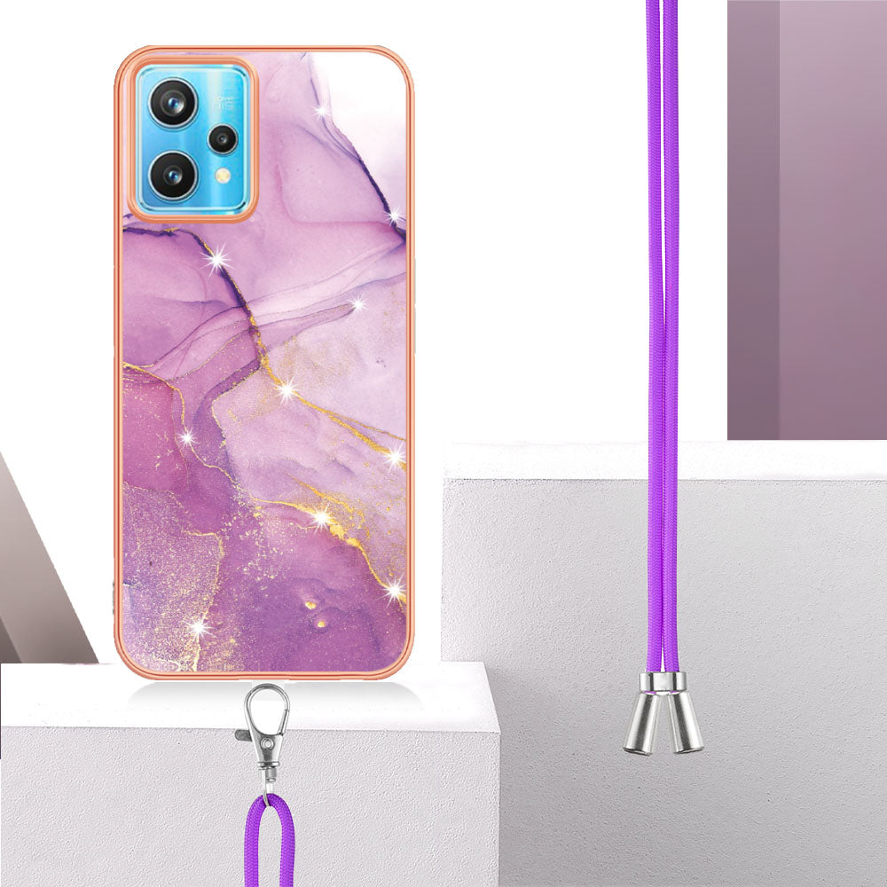 YB IMD Series-9 for Realme V25/Realme 9 Pro 5G Marble Pattern IMD Soft TPU Case Electroplating Phone Shell with Lanyard