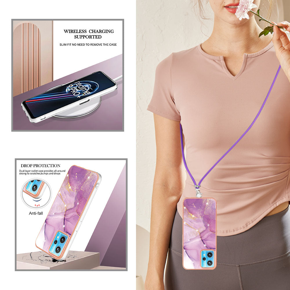 YB IMD Series-9 for Realme V25/Realme 9 Pro 5G Marble Pattern IMD Soft TPU Case Electroplating Phone Shell with Lanyard