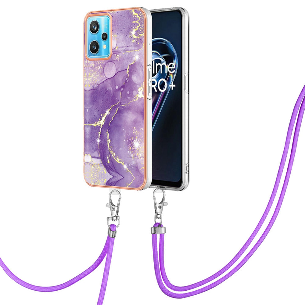 YB IMD Series-9 for Realme V25/Realme 9 Pro 5G Marble Pattern IMD Soft TPU Case Electroplating Phone Shell with Lanyard