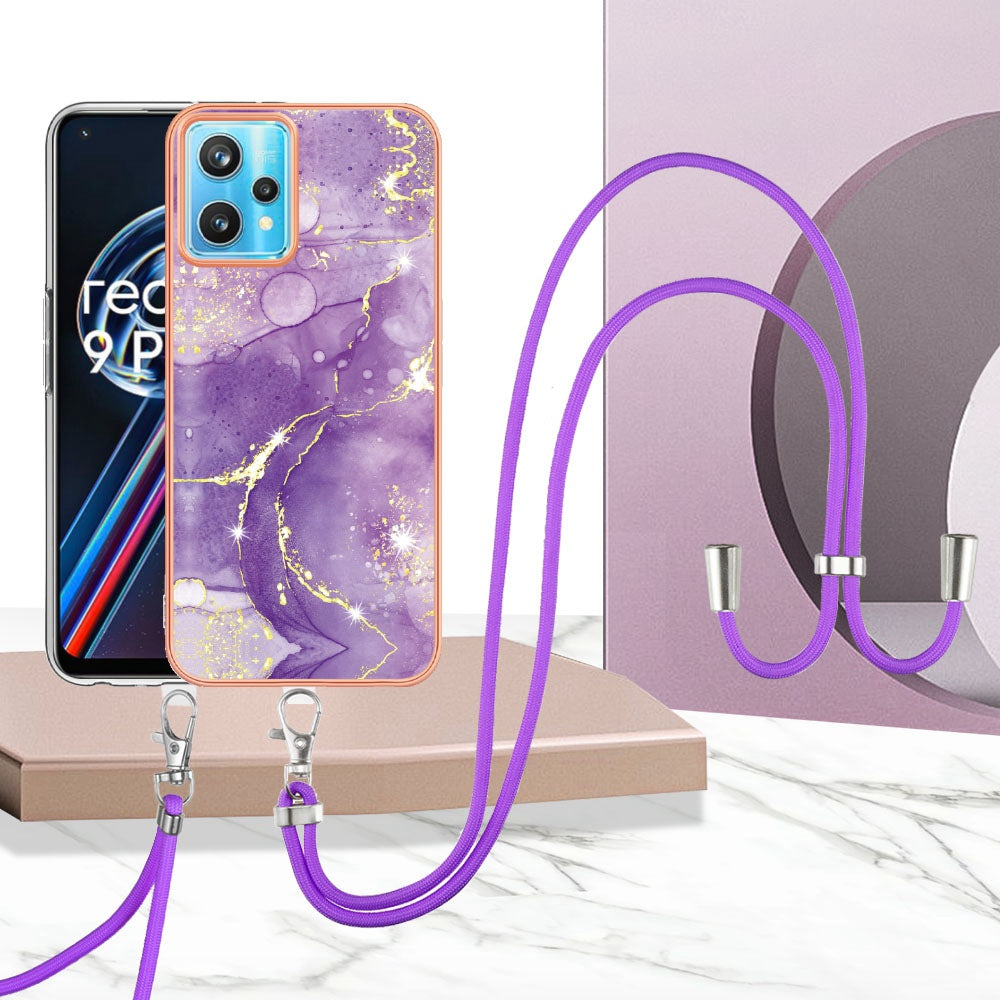 YB IMD Series-9 for Realme V25/Realme 9 Pro 5G Marble Pattern IMD Soft TPU Case Electroplating Phone Shell with Lanyard