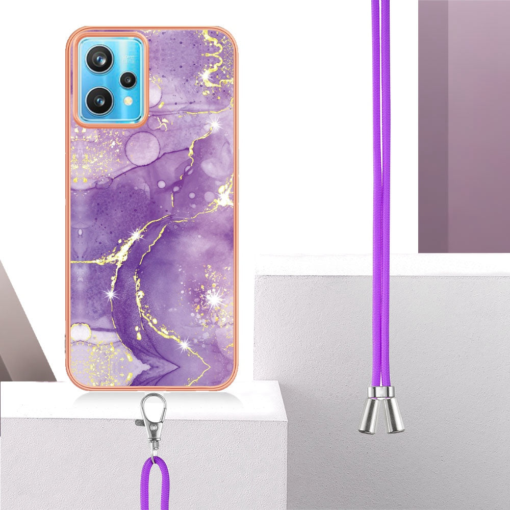 YB IMD Series-9 for Realme V25/Realme 9 Pro 5G Marble Pattern IMD Soft TPU Case Electroplating Phone Shell with Lanyard