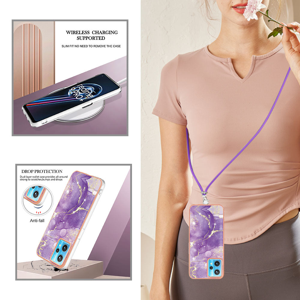 YB IMD Series-9 for Realme V25/Realme 9 Pro 5G Marble Pattern IMD Soft TPU Case Electroplating Phone Shell with Lanyard