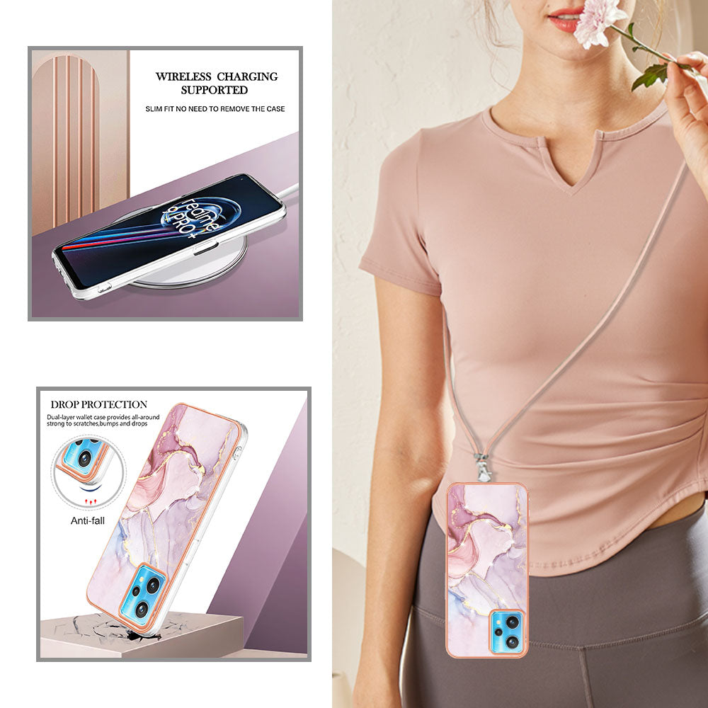YB IMD Series-9 for Realme V25/Realme 9 Pro 5G Marble Pattern IMD Soft TPU Case Electroplating Phone Shell with Lanyard