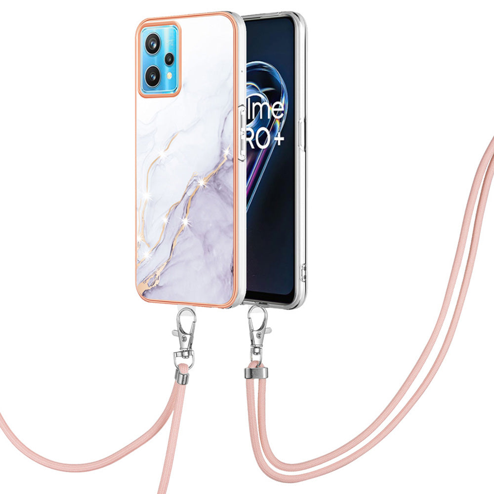 YB IMD Series-9 for Realme V25/Realme 9 Pro 5G Marble Pattern IMD Soft TPU Case Electroplating Phone Shell with Lanyard