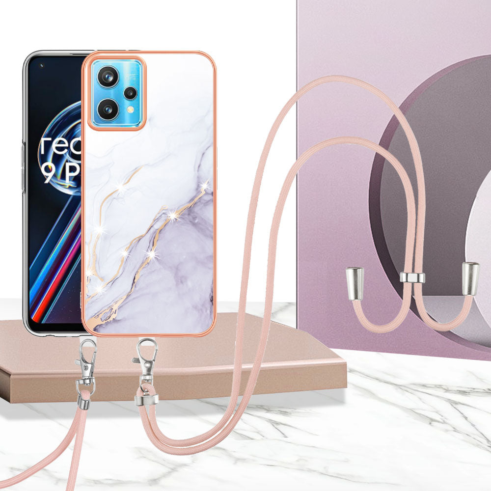 YB IMD Series-9 for Realme V25/Realme 9 Pro 5G Marble Pattern IMD Soft TPU Case Electroplating Phone Shell with Lanyard
