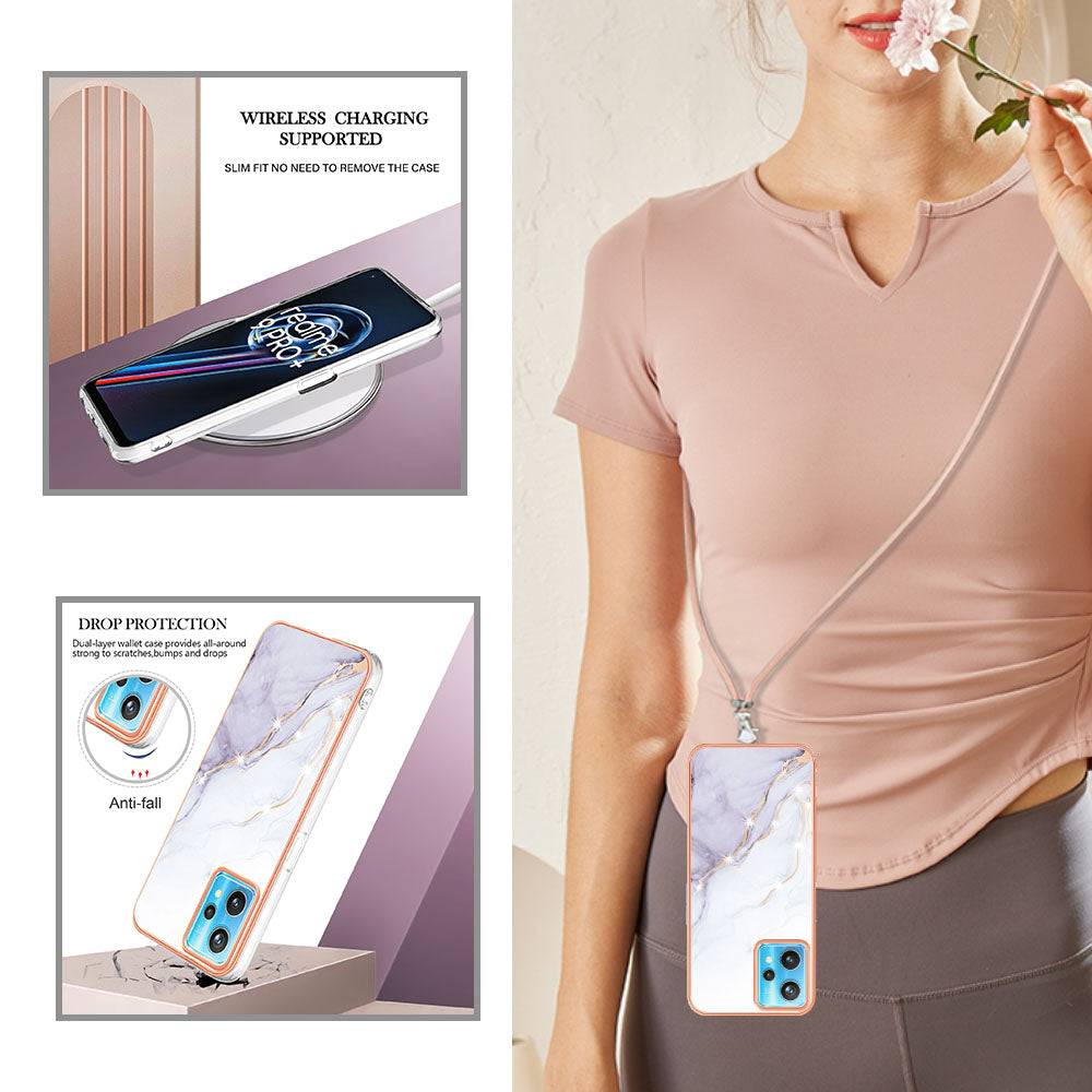 YB IMD Series-9 for Realme V25/Realme 9 Pro 5G Marble Pattern IMD Soft TPU Case Electroplating Phone Shell with Lanyard