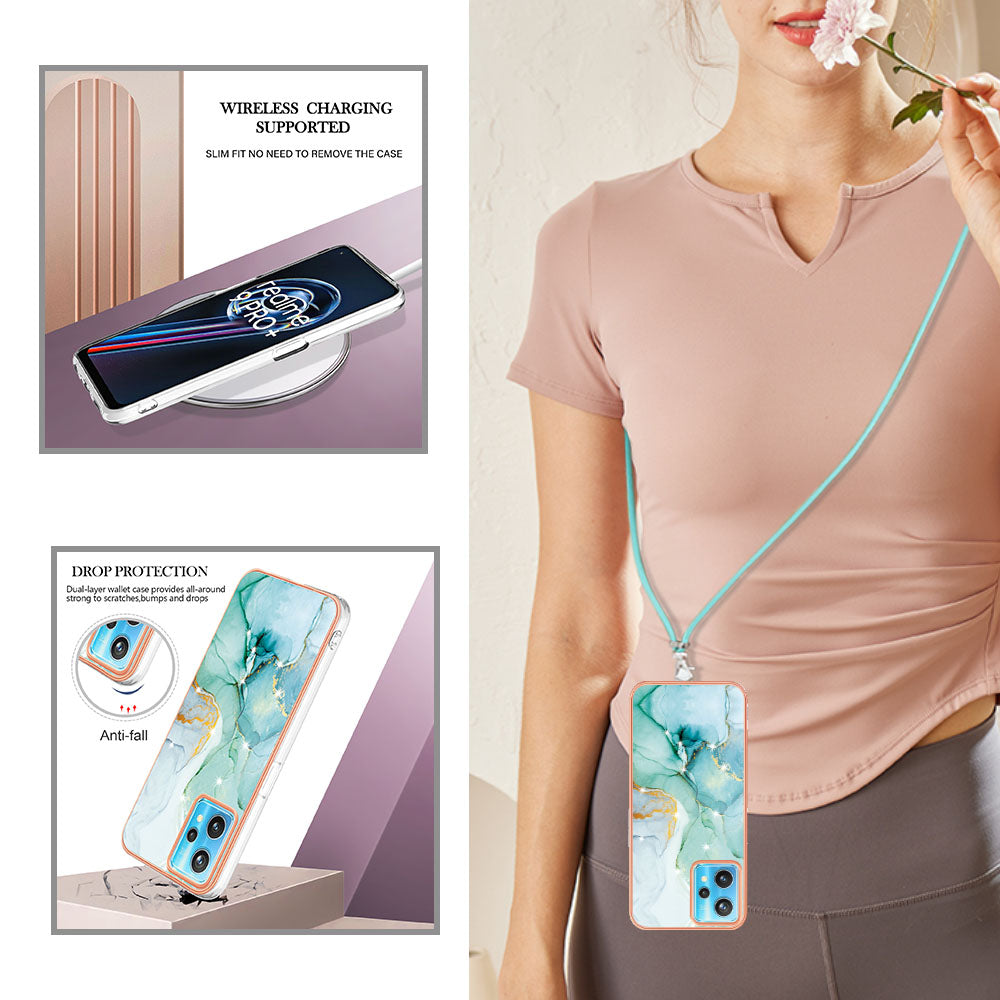 YB IMD Series-9 for Realme V25/Realme 9 Pro 5G Marble Pattern IMD Soft TPU Case Electroplating Phone Shell with Lanyard
