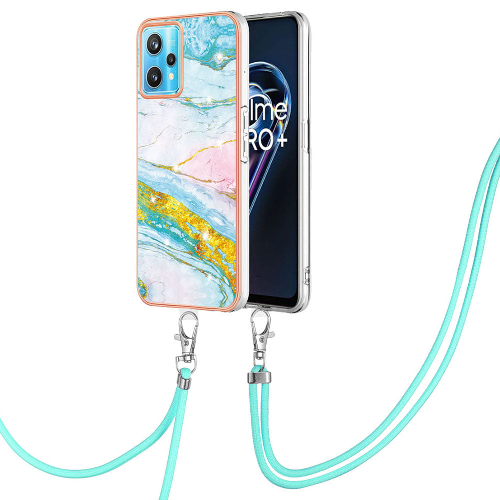 YB IMD Series-9 for Realme V25/Realme 9 Pro 5G Marble Pattern IMD Soft TPU Case Electroplating Phone Shell with Lanyard