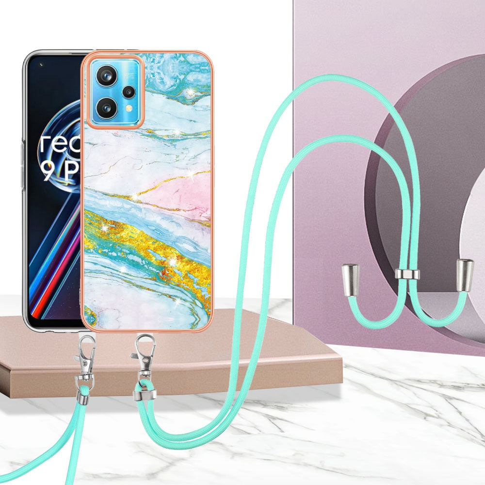YB IMD Series-9 for Realme V25/Realme 9 Pro 5G Marble Pattern IMD Soft TPU Case Electroplating Phone Shell with Lanyard