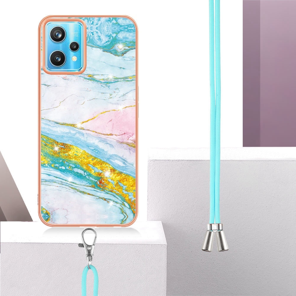 YB IMD Series-9 for Realme V25/Realme 9 Pro 5G Marble Pattern IMD Soft TPU Case Electroplating Phone Shell with Lanyard
