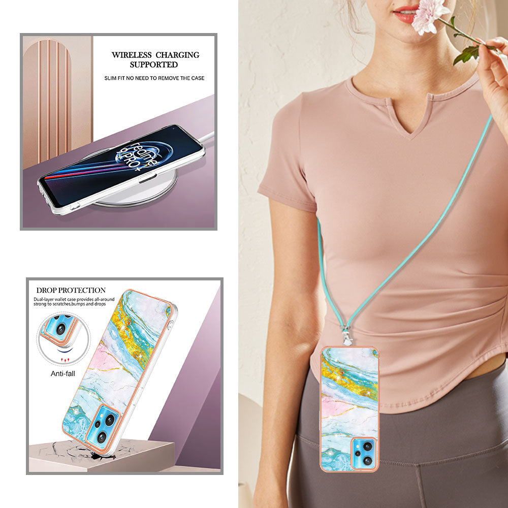 YB IMD Series-9 for Realme V25/Realme 9 Pro 5G Marble Pattern IMD Soft TPU Case Electroplating Phone Shell with Lanyard
