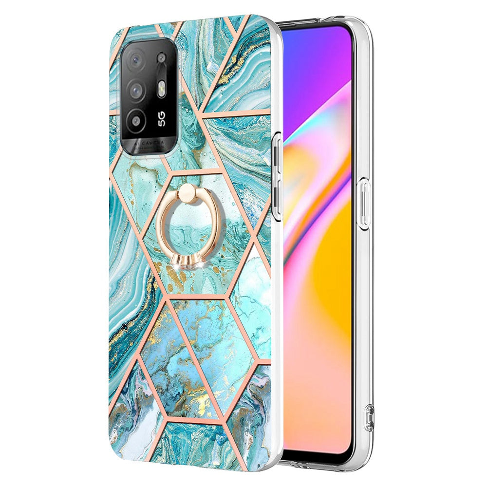 YB IMD Series-7 for Oppo A94 5G/A95 5G Electroplating Phone Case Marble Pattern IMD Shockproof TPU Smartphone Cover with Ring Kickstand