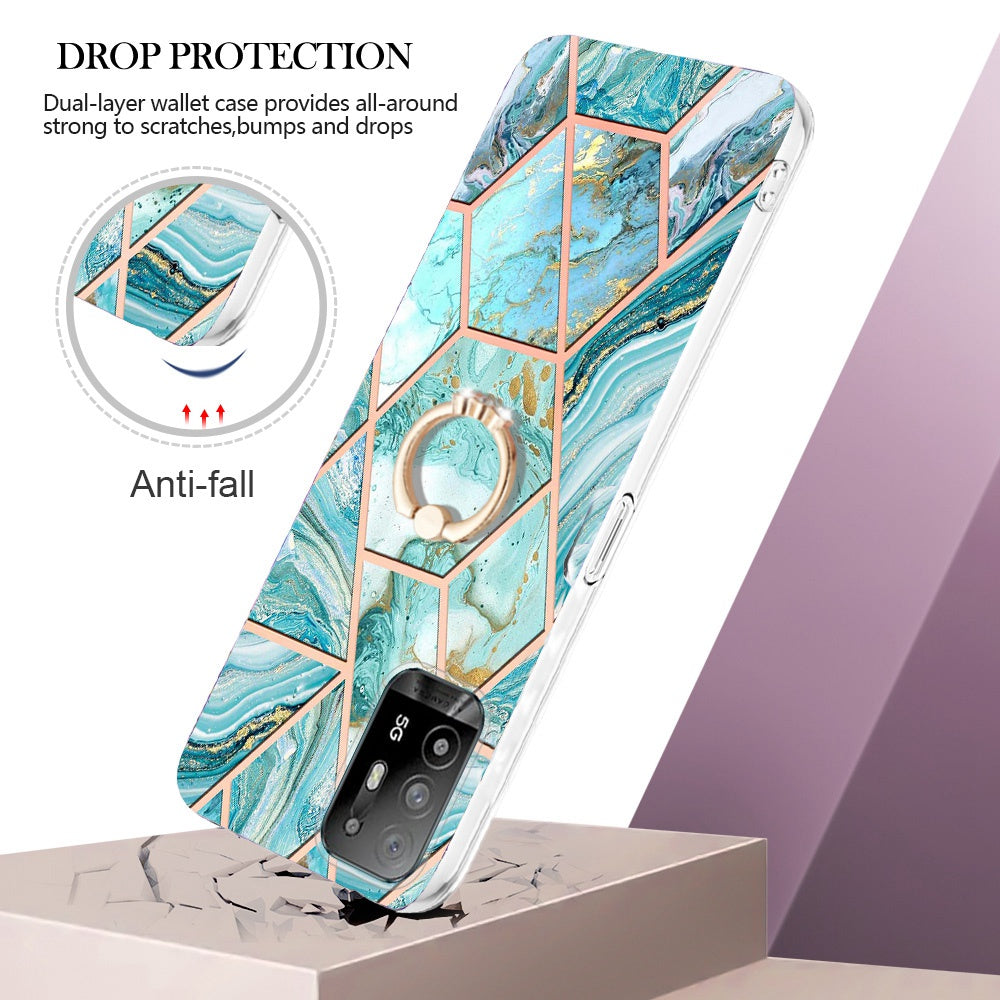 YB IMD Series-7 for Oppo A94 5G/A95 5G Electroplating Phone Case Marble Pattern IMD Shockproof TPU Smartphone Cover with Ring Kickstand