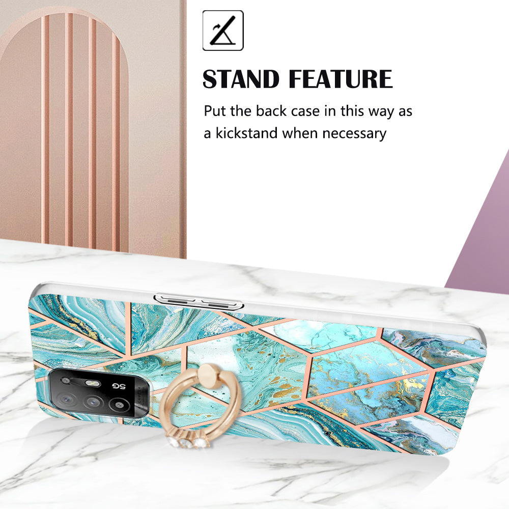 YB IMD Series-7 for Oppo A94 5G/A95 5G Electroplating Phone Case Marble Pattern IMD Shockproof TPU Smartphone Cover with Ring Kickstand
