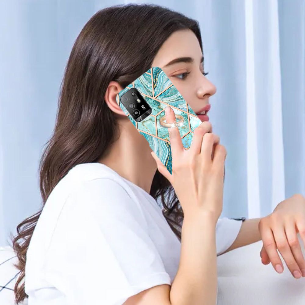 YB IMD Series-7 for Oppo A94 5G/A95 5G Electroplating Phone Case Marble Pattern IMD Shockproof TPU Smartphone Cover with Ring Kickstand